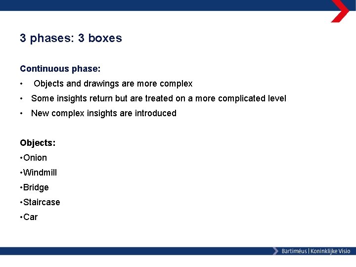 3 phases: 3 boxes Continuous phase: • Objects and drawings are more complex •