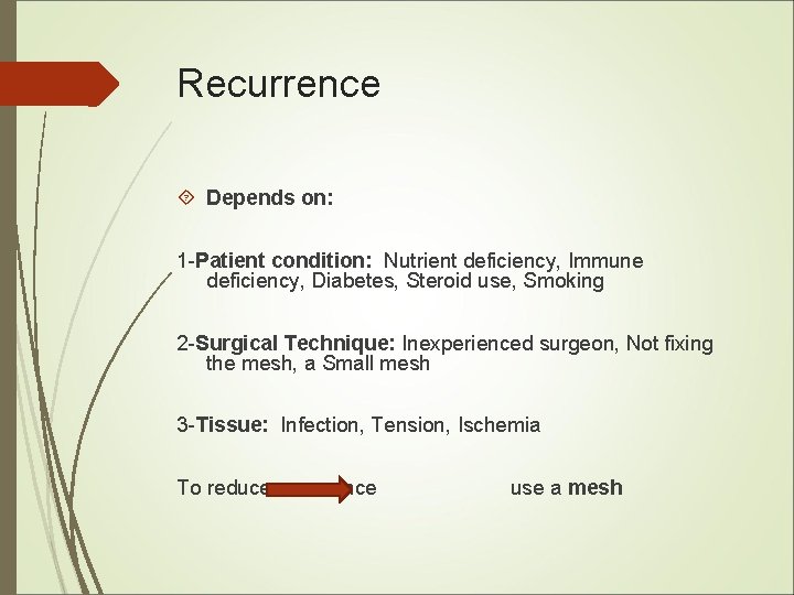 Recurrence Depends on: 1 -Patient condition: Nutrient deficiency, Immune deficiency, Diabetes, Steroid use, Smoking Recurrence Depends on: 1 -Patient condition: Nutrient deficiency, Immune deficiency, Diabetes, Steroid use, Smoking