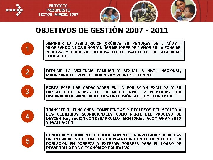 PROYECTO PRESUPUESTO SECTOR MIMDES 2007 OBJETIVOS DE GESTIÓN 2007 - 2011 1 DISMINUIR LA