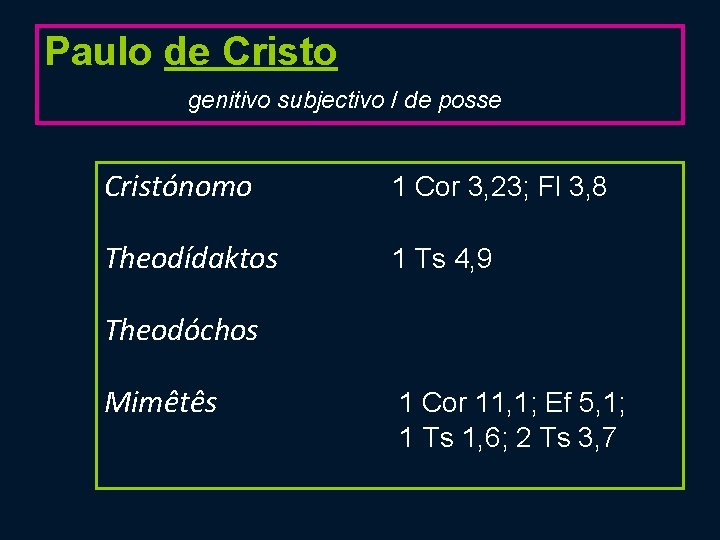 Paulo de Cristo genitivo subjectivo / de posse Cristónomo 1 Cor 3, 23; Fl