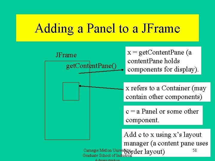 Adding a Panel to a JFrame get. Content. Pane() x = get. Content. Pane