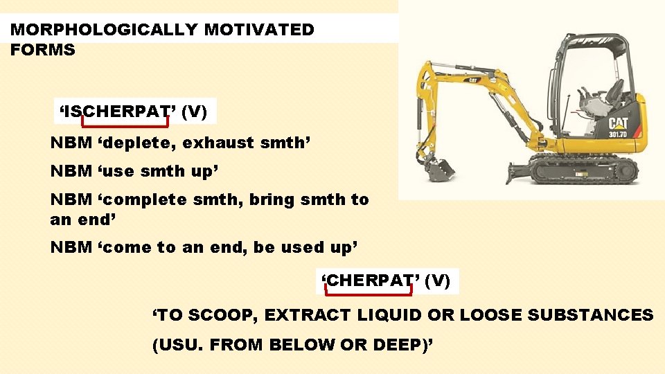MORPHOLOGICALLY MOTIVATED FORMS ‘ISCHERPAT’ (V) NBM ‘deplete, exhaust smth’ NBM ‘use smth up’ NBM