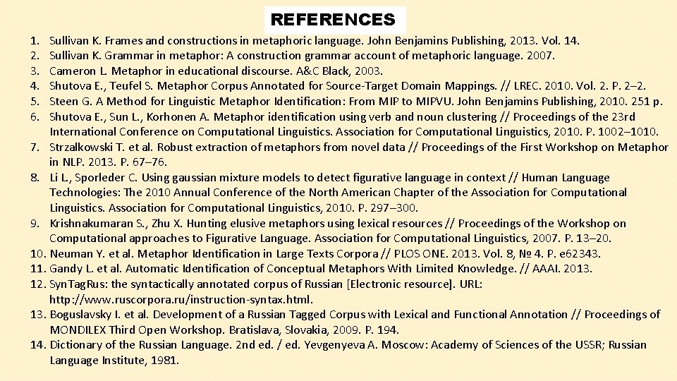 REFERENCES 1. 2. 3. 4. 5. 6. Sullivan K. Frames and constructions in metaphoric