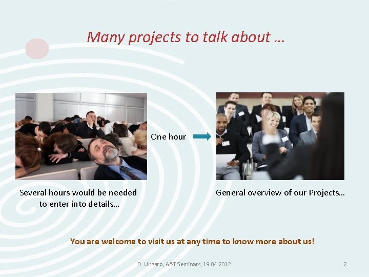 Many projects to talk about … One hour Several hours would be needed to Many projects to talk about … One hour Several hours would be needed to