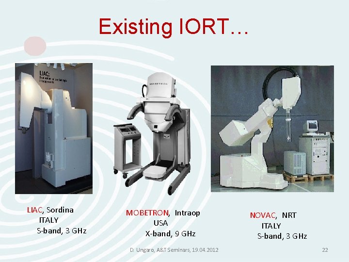 Existing IORT… LIAC, Sordina ITALY S-band, 3 GHz MOBETRON, Intraop USA X-band, 9 GHz Existing IORT… LIAC, Sordina ITALY S-band, 3 GHz MOBETRON, Intraop USA X-band, 9 GHz