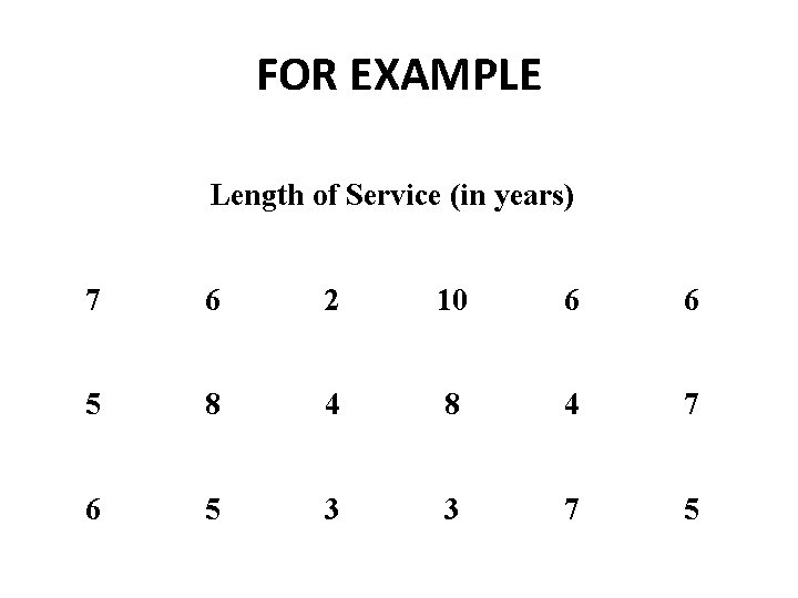FOR EXAMPLE Length of Service (in years) 7 6 2 10 6 6 5