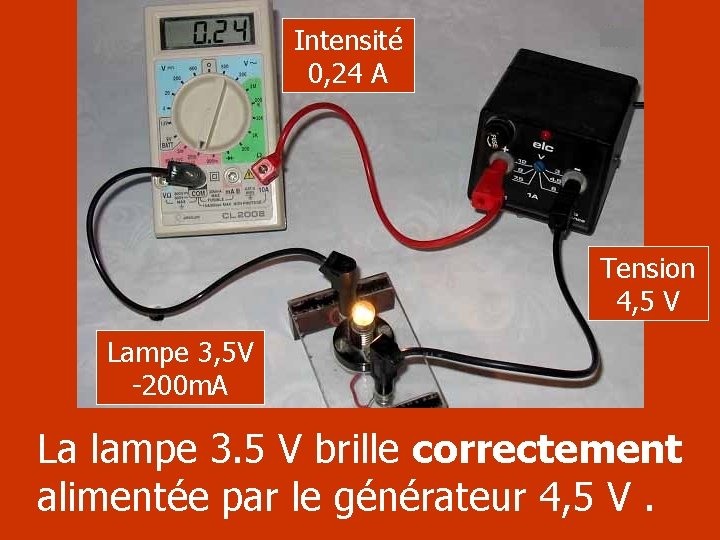 Intensité 0, 24 A Tension 4, 5 V Lampe 3, 5 V -200 m.