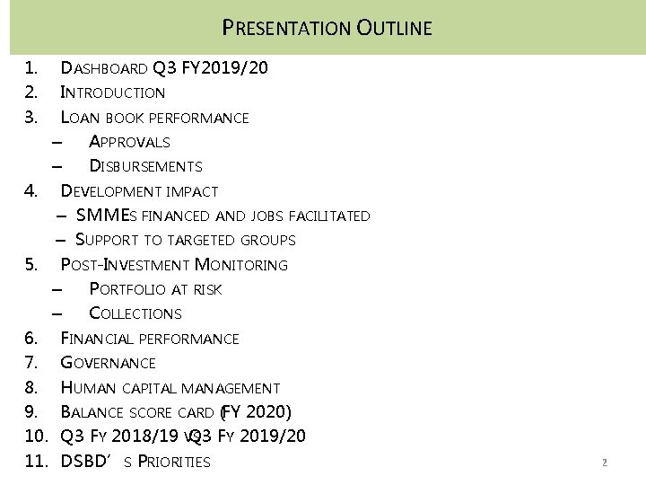 PRESENTATION OUTLINE 1. 2. 3. DASHBOARD Q 3 FY 2019/20 INTRODUCTION LOAN BOOK PERFORMANCE