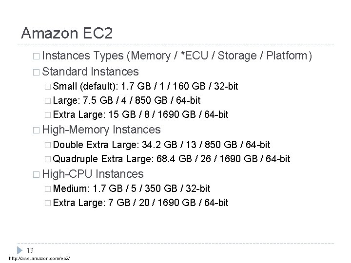 Amazon EC 2 � Instances Types (Memory / *ECU / Storage / Platform) � Amazon EC 2 � Instances Types (Memory / *ECU / Storage / Platform) �