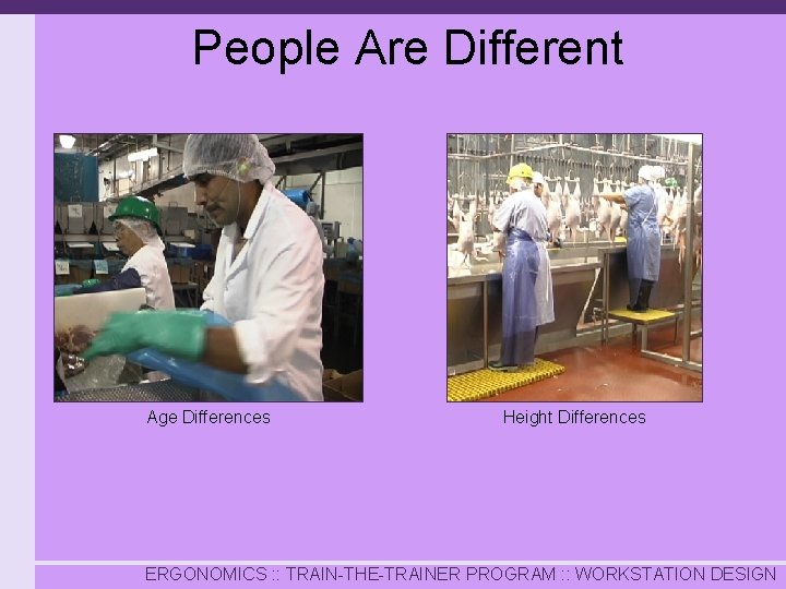 People Are Different Age Differences Height Differences ERGONOMICS : : TRAIN-THE-TRAINER PROGRAM : :