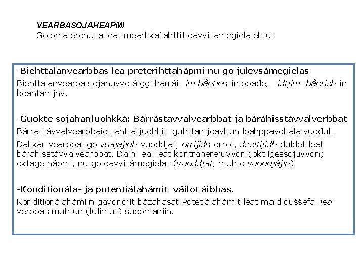 VEARBASOJAHEAPMI Golbma erohusa leat mearkkašahttit davvisámegiela ektui: -Biehttalanvearbbas lea preterihttahápmi nu go julevsámegielas Biehttalanvearba VEARBASOJAHEAPMI Golbma erohusa leat mearkkašahttit davvisámegiela ektui: -Biehttalanvearbbas lea preterihttahápmi nu go julevsámegielas Biehttalanvearba