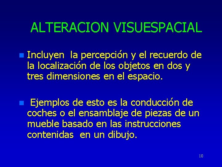 ALTERACION VISUESPACIAL n Incluyen la percepción y el recuerdo de la localización de los