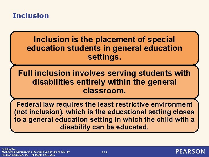 Inclusion is the placement of special education students in general education settings. Full inclusion