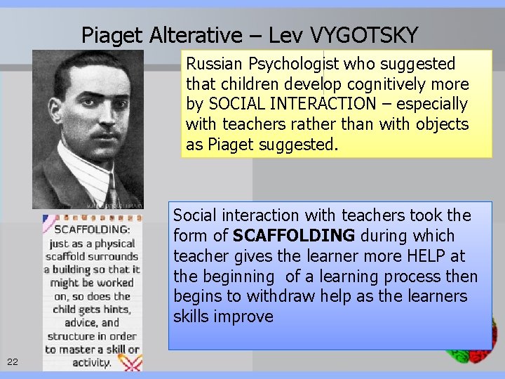 Piaget Alterative – Lev VYGOTSKY Russian Psychologist who suggested that children develop cognitively more