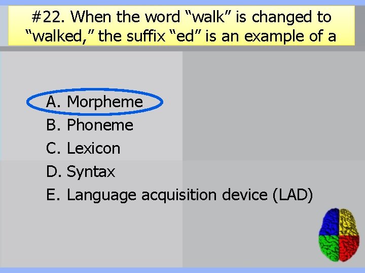 #22. When the word “walk” is changed to “walked, ” the suffix “ed” is