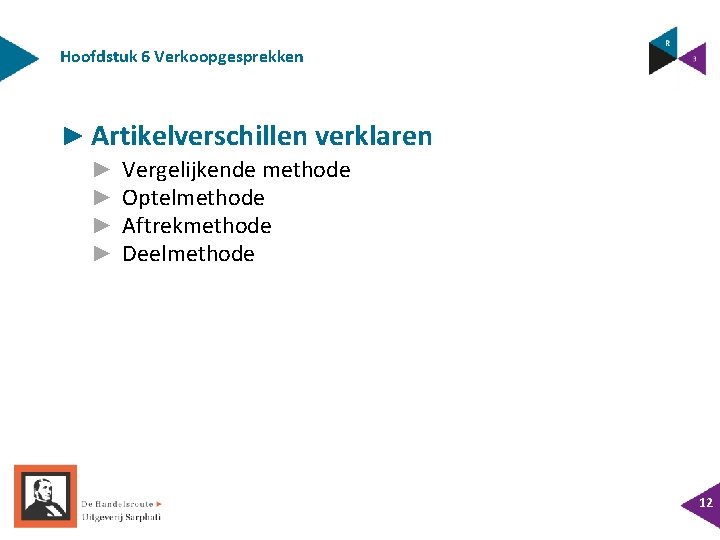 Hoofdstuk 6 Verkoopgesprekken ► Artikelverschillen verklaren ► ► Vergelijkende methode Optelmethode Aftrekmethode Deelmethode 12