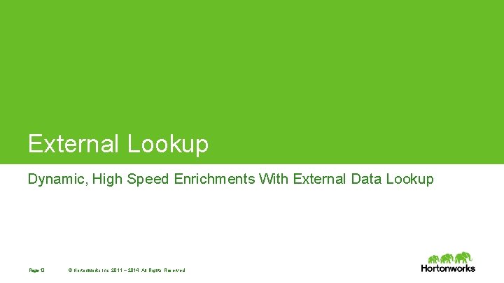 External Lookup Dynamic, High Speed Enrichments With External Data Lookup Page 13 © Hortonworks External Lookup Dynamic, High Speed Enrichments With External Data Lookup Page 13 © Hortonworks