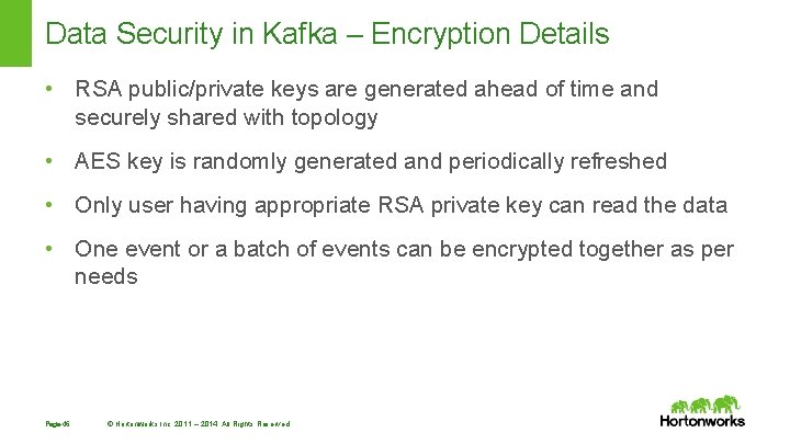 Data Security in Kafka – Encryption Details • RSA public/private keys are generated ahead Data Security in Kafka – Encryption Details • RSA public/private keys are generated ahead