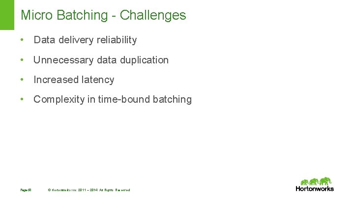 Micro Batching - Challenges • Data delivery reliability • Unnecessary data duplication • Increased Micro Batching - Challenges • Data delivery reliability • Unnecessary data duplication • Increased