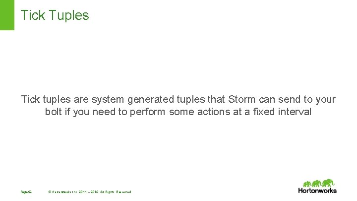 Tick Tuples Tick tuples are system generated tuples that Storm can send to your Tick Tuples Tick tuples are system generated tuples that Storm can send to your