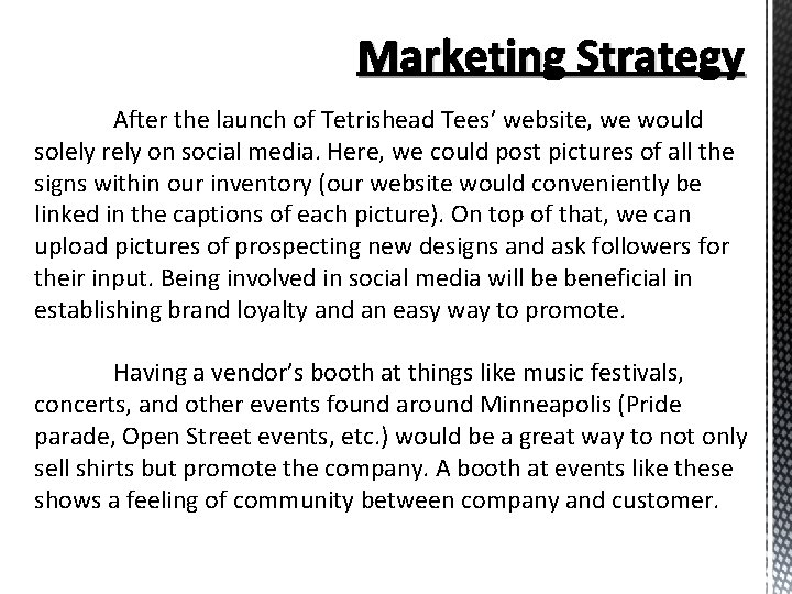 Marketing Strategy After the launch of Tetrishead Tees’ website, we would solely rely on