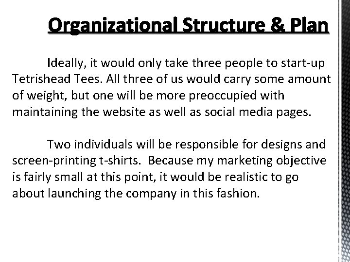 Organizational Structure & Plan Ideally, it would only take three people to start-up Tetrishead