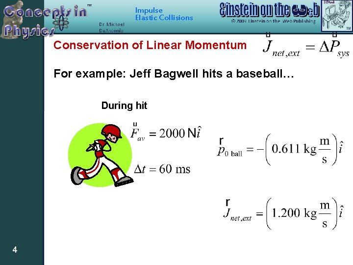 Impulse Elastic Collisions Conservation of Linear Momentum For example: Jeff Bagwell hits a baseball…