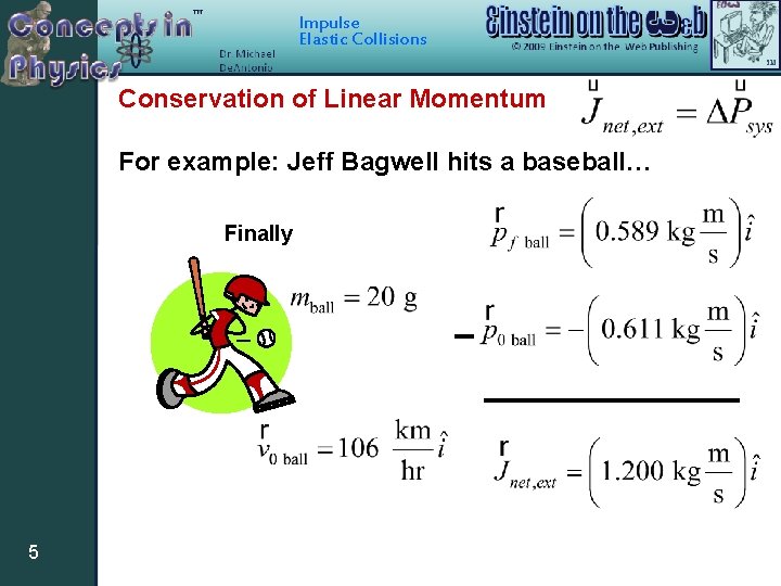 Impulse Elastic Collisions Conservation of Linear Momentum For example: Jeff Bagwell hits a baseball…