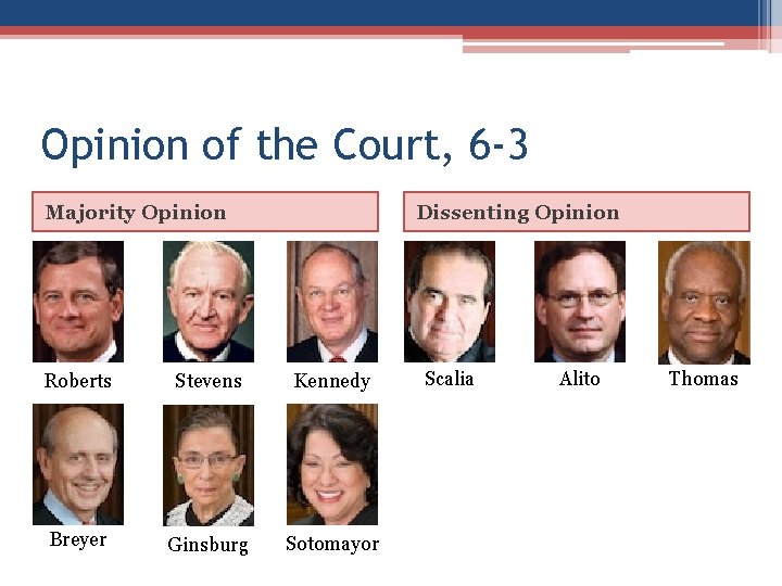 Opinion of the Court, 6 -3 Majority Opinion Dissenting Opinion Roberts Stevens Kennedy Breyer Opinion of the Court, 6 -3 Majority Opinion Dissenting Opinion Roberts Stevens Kennedy Breyer