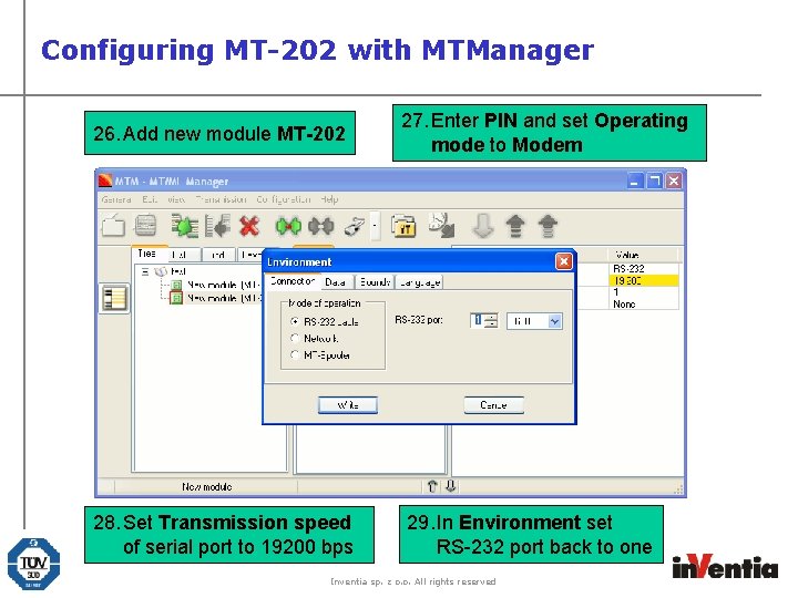 Configuring MT-202 with MTManager 26. Add new module MT-202 28. Set Transmission speed of