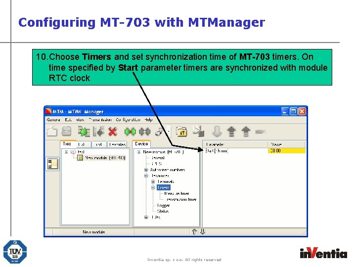 Configuring MT-703 with MTManager 10. Choose Timers and set synchronization time of MT-703 timers.