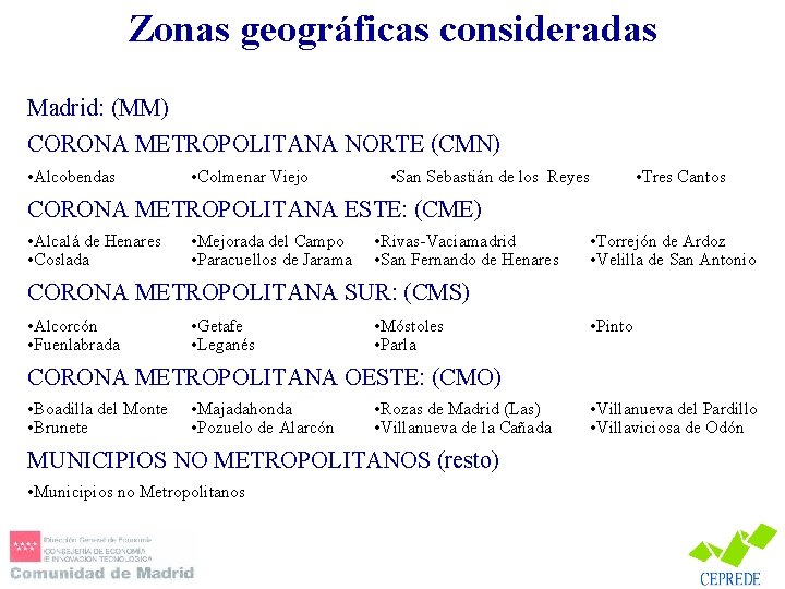 Zonas geográficas consideradas Madrid: (MM) CORONA METROPOLITANA NORTE (CMN) • Alcobendas • Colmenar Viejo