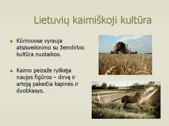 Lietuvių kaimiškoji kultūra n n Kūriniuose vyrauja atsisveikinimo su žemdirbio kultūra nuotaikos. Kaimo peizaže