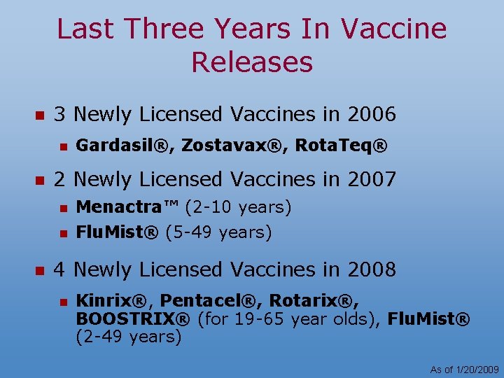 Last Three Years In Vaccine Releases n 3 Newly Licensed Vaccines in 2006 n