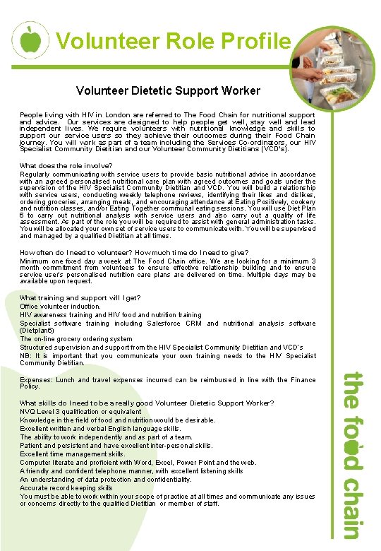 Volunteer Role Profile Volunteer Dietetic Support Worker People living with HIV in London are