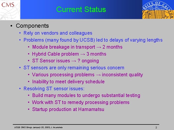 Current Status • Components • Rely on vendors and colleagues • Problems (many found