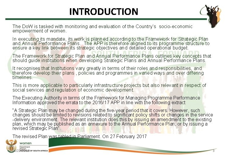 INTRODUCTION The Do. W is tasked with monitoring and evaluation of the Country’s socio-economic INTRODUCTION The Do. W is tasked with monitoring and evaluation of the Country’s socio-economic