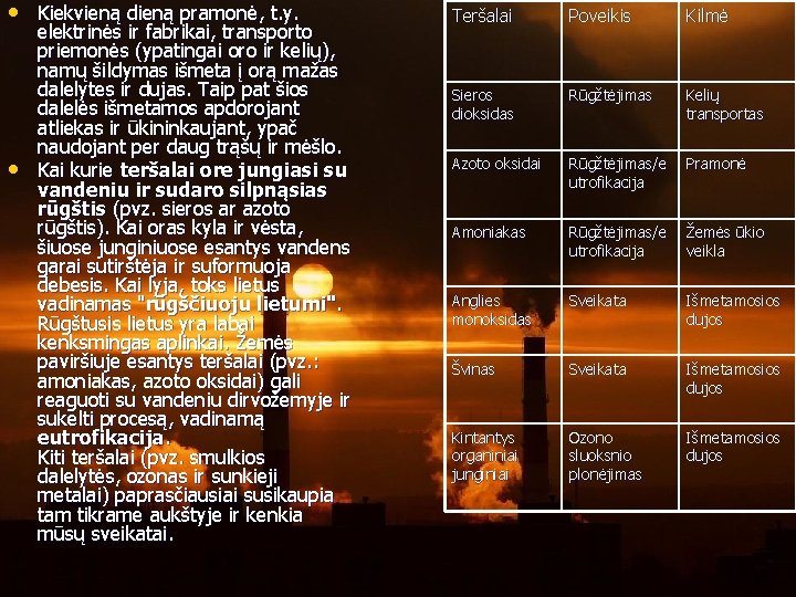  • Kiekvieną dieną pramonė, t. y. • elektrinės ir fabrikai, transporto priemonės (ypatingai