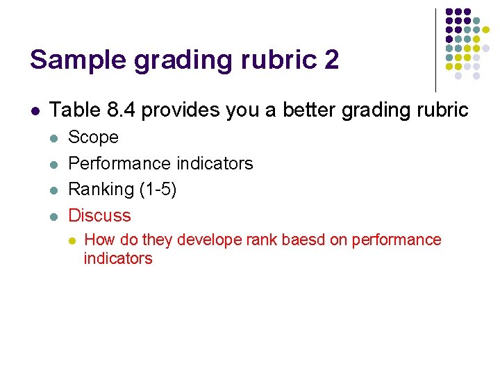 Sample grading rubric 2 l Table 8. 4 provides you a better grading rubric