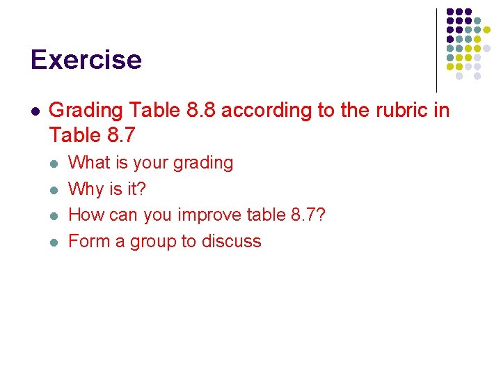 Exercise l Grading Table 8. 8 according to the rubric in Table 8. 7