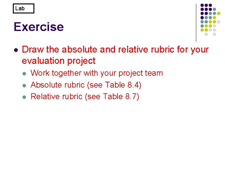 Lab Exercise l Draw the absolute and relative rubric for your evaluation project l