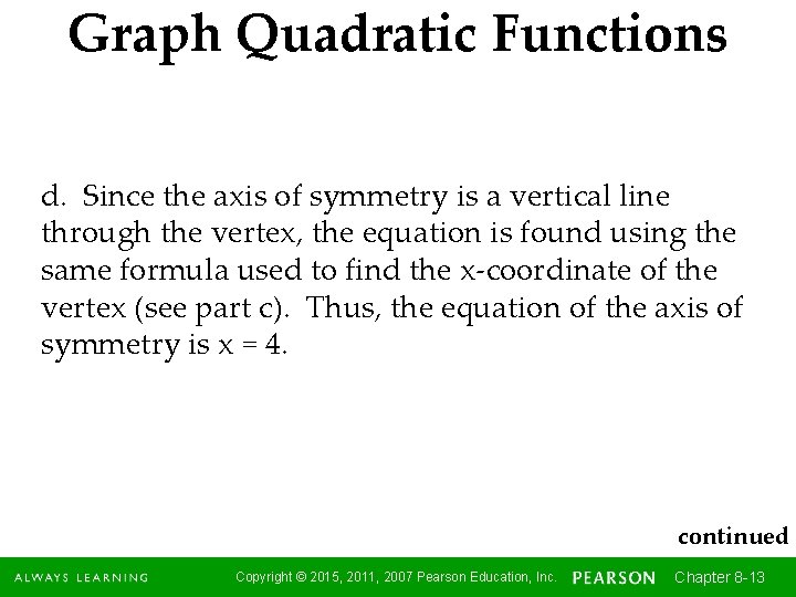 Graph Quadratic Functions d. Since the axis of symmetry is a vertical line through