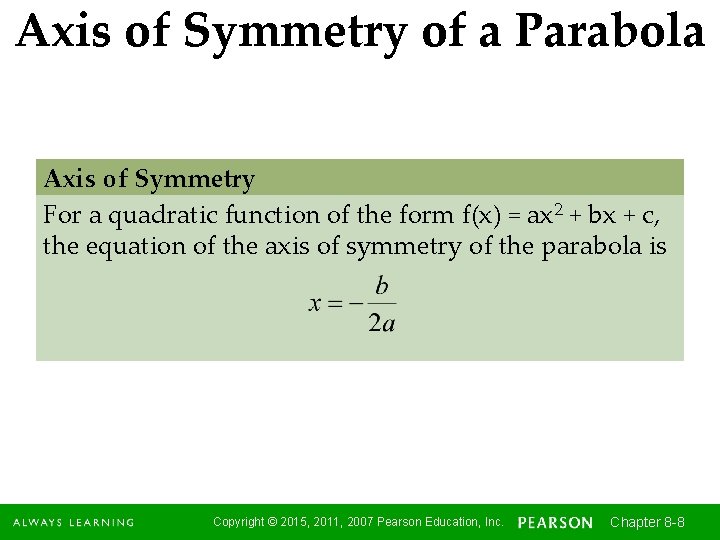 Axis of Symmetry of a Parabola Axis of Symmetry For a quadratic function of