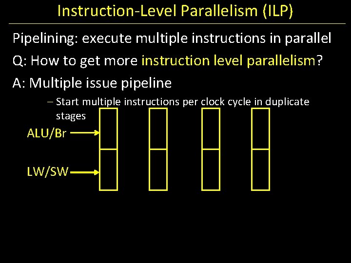 Instruction-Level Parallelism (ILP) Pipelining: execute multiple instructions in parallel Q: How to get more