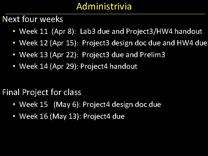 Administrivia Next four weeks • • Week 11 (Apr 8): Lab 3 due and