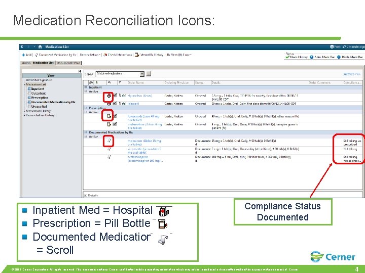 Medication Reconciliation Icons: Inpatient Med = Hospital Prescription = Pill Bottle Documented Medication =