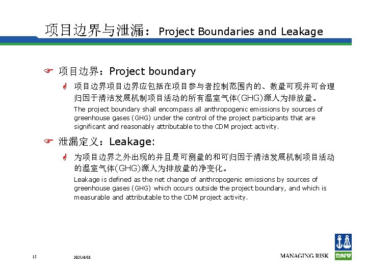 项目边界与泄漏：Project Boundaries and Leakage F 项目边界：Project boundary G 项目边界应包括在项目参与者控制范围内的、数量可观并可合理 归因于清洁发展机制项目活动的所有温室气体(GHG)源人为排放量。 The project boundary shall
