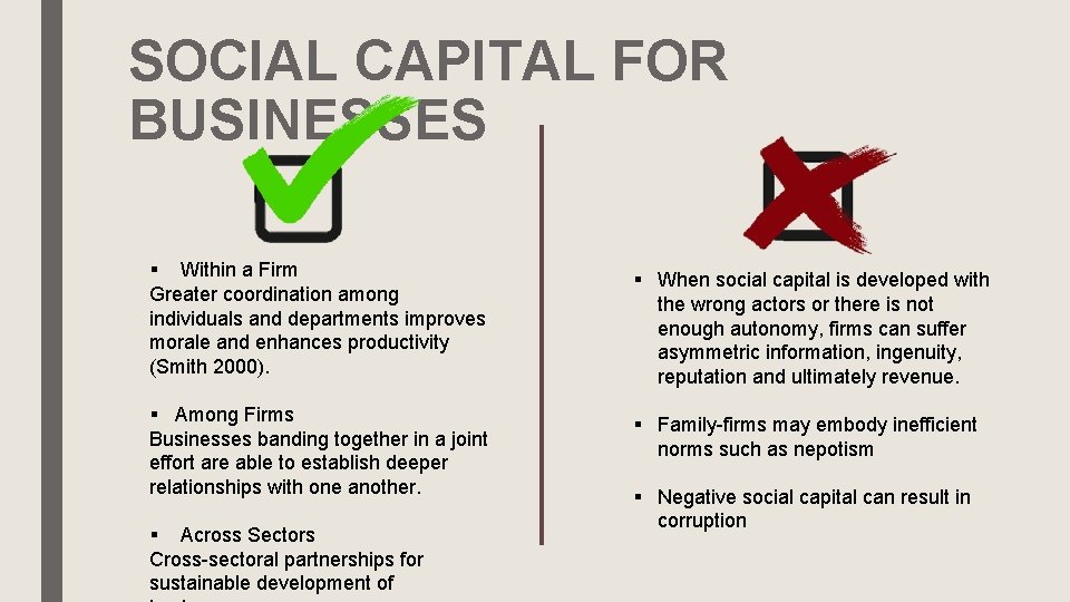 SOCIAL CAPITAL FOR BUSINESSES § Within a Firm Greater coordination among individuals and departments
