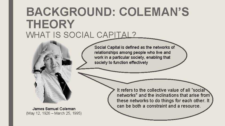 BACKGROUND: COLEMAN’S THEORY WHAT IS SOCIAL CAPITAL? Social Capital is defined as the networks