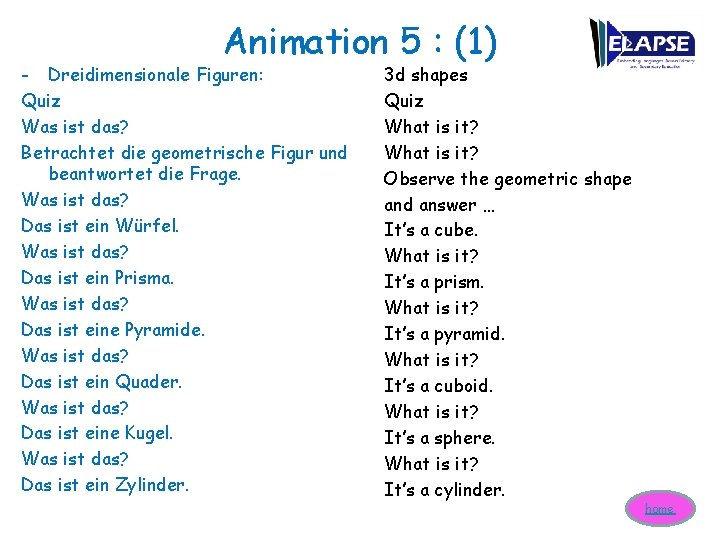 Animation 5 : (1) - Dreidimensionale Figuren: Quiz Was ist das? Betrachtet die geometrische